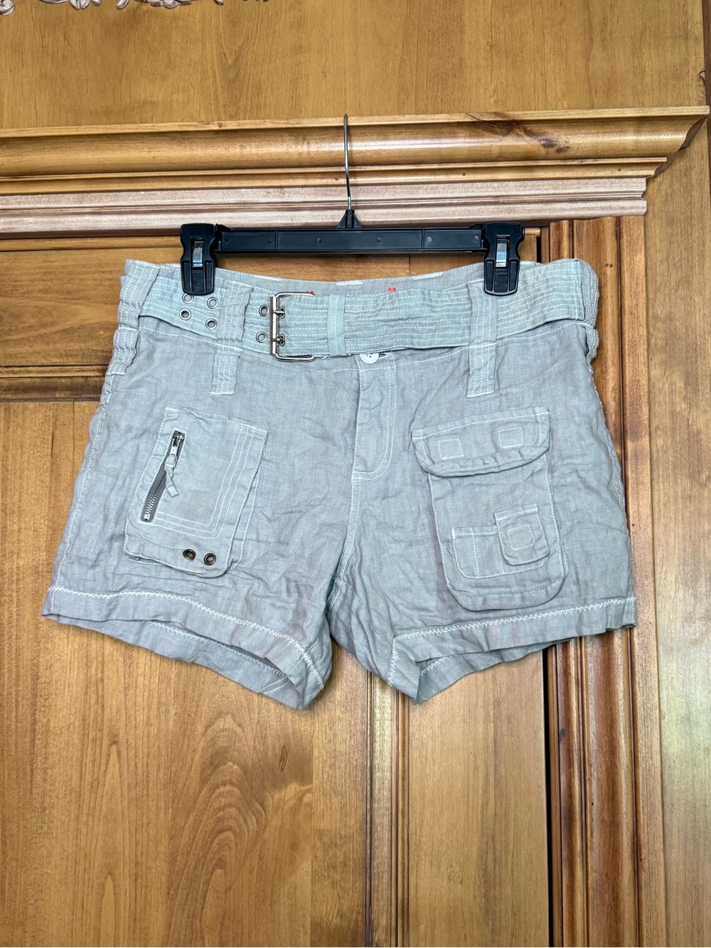 Pete & Greta Linen Cargo Shorts Size 4 Gray Utility Belted Zip Pocket Summer